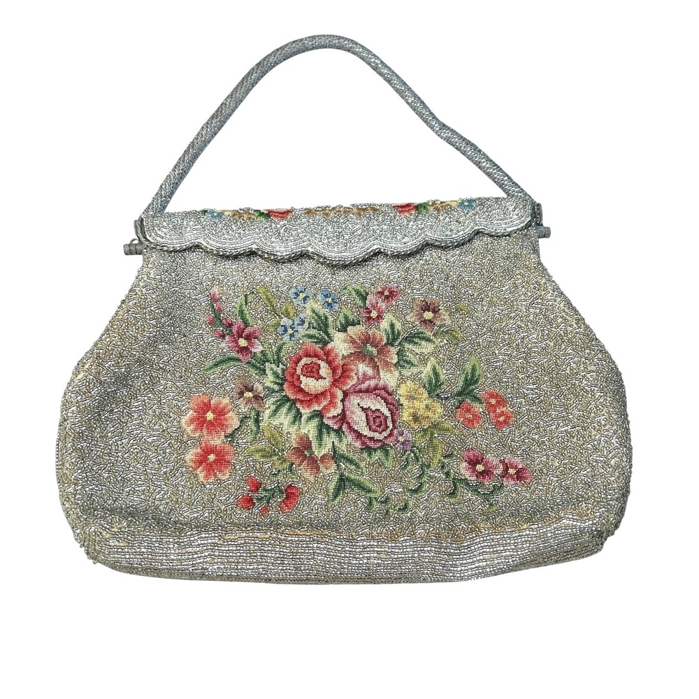 Vintage Petit Point Floral Beaded Evening Bag Handbag Silver Seed Beads‎ 1950s